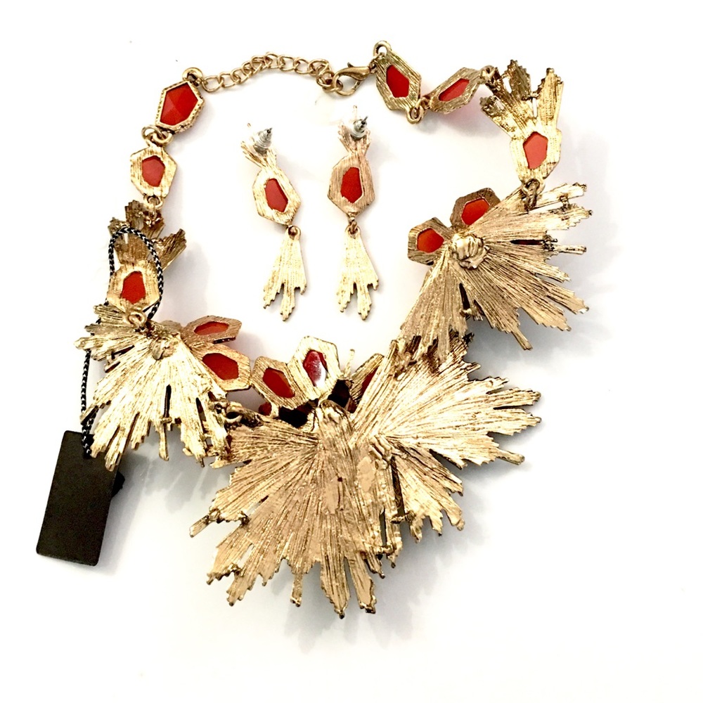 Statement Dimensional Red Rust Floral Necklace Ear - image 5